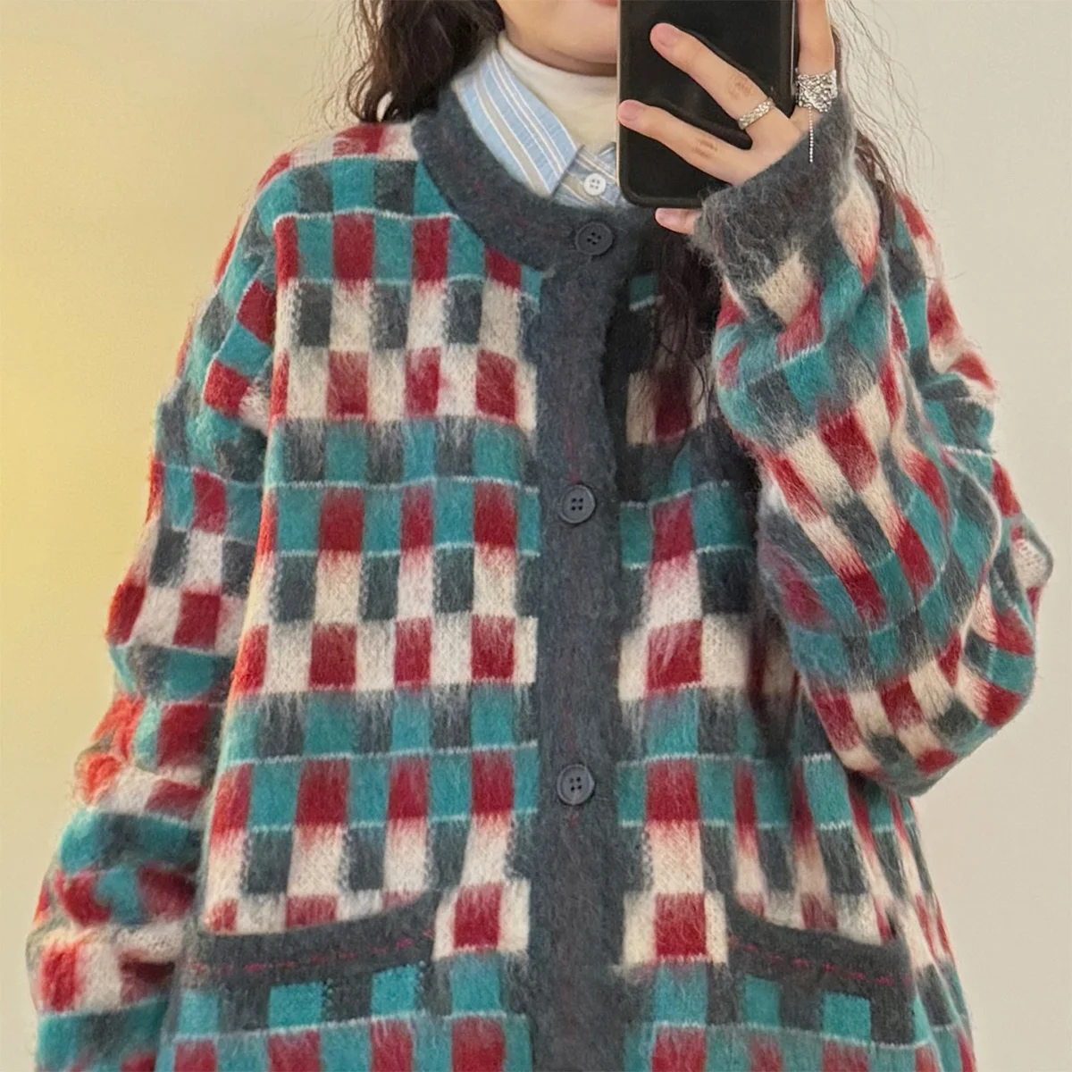 Uatonline2024 Осенне-зимний американский винтажный вязаный кардиган в клетку