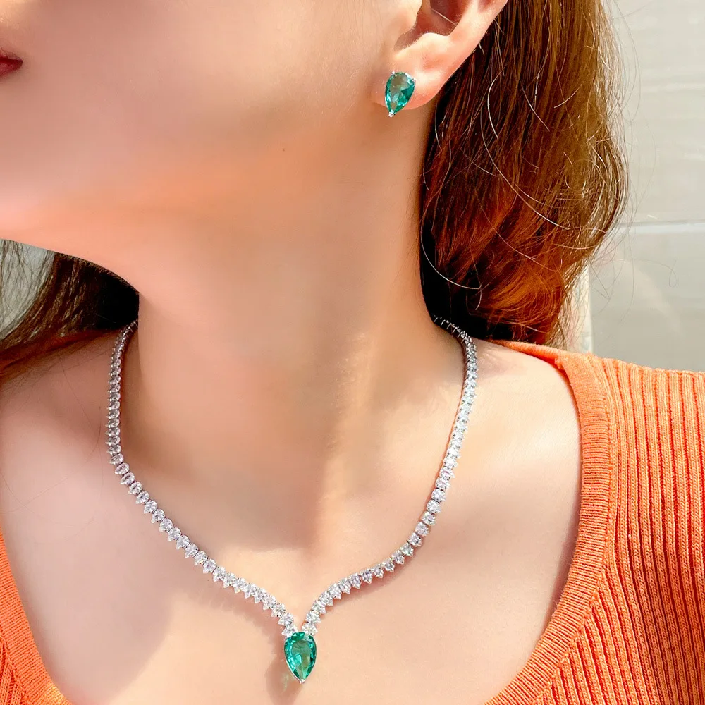 

New Fresh Style Green Cubic Zirconia Cute Waterdrop Pendant Necklace Earrings Sets for Women 2022 Trendy Jewelry Set Accessories