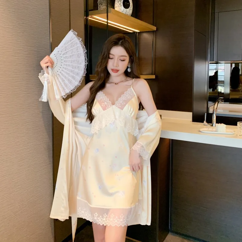 

Summer Women's Robe Suit Sexy Suspender Nightdress Bathrobe Two-piece Satin Comfortable Print Loose Casual Home Clothes