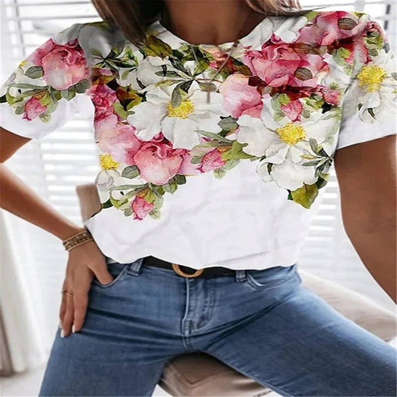 

2022 Fashion Trend Good-looking and Cheap Shirts Floral 3D Printing Short Sleeve Tops Women's Summer Daily Casual Style O-Neck