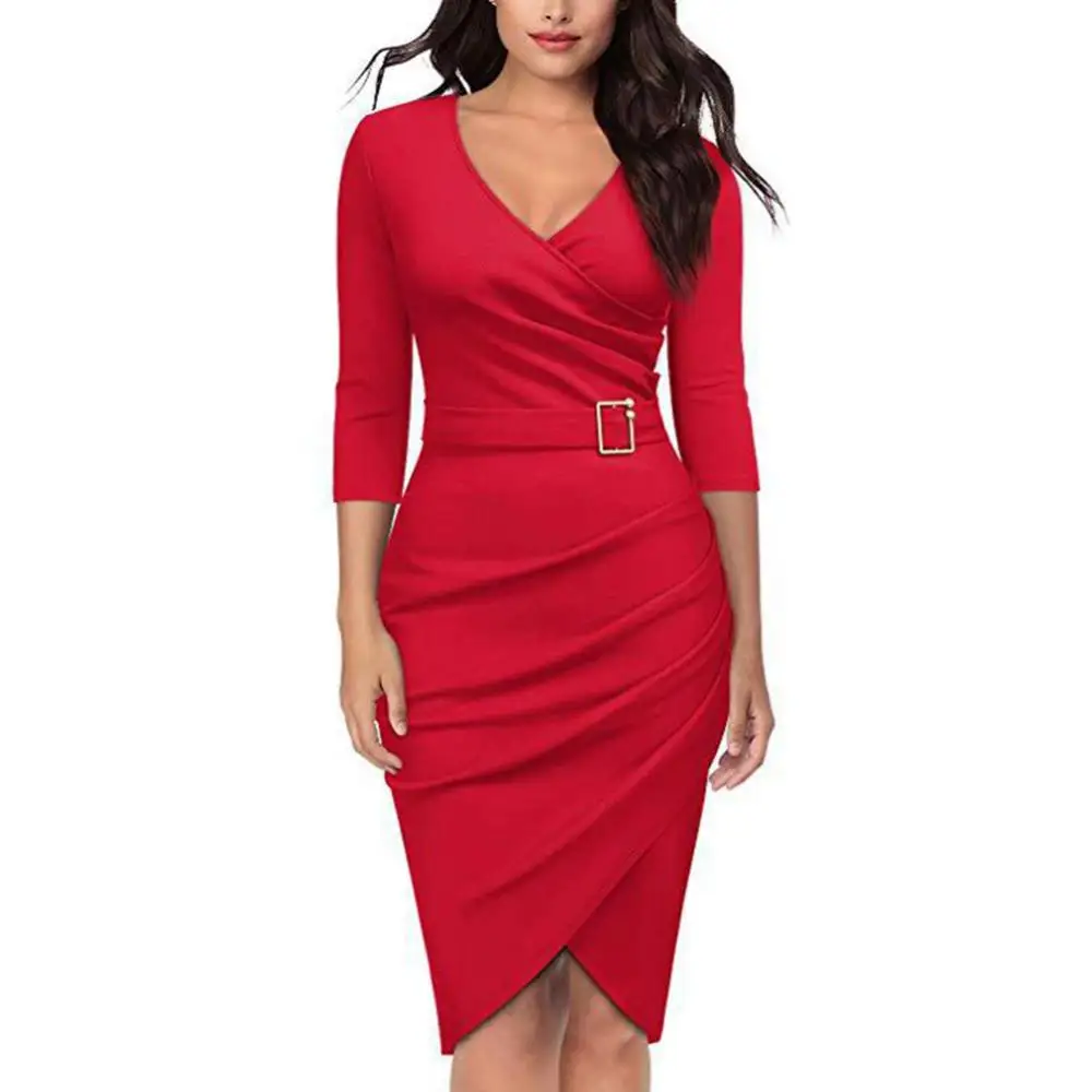 

Solid Color Women V Neck 3/4 Sleeve High Waist Belted Irregular Pencil Dress