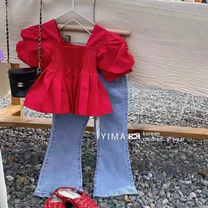 Girls Summer Clothes Set  New Fashion Girls Baby Short Sleeve Top Jeans Two Piece Spring  Autumn Children's Clothing Set