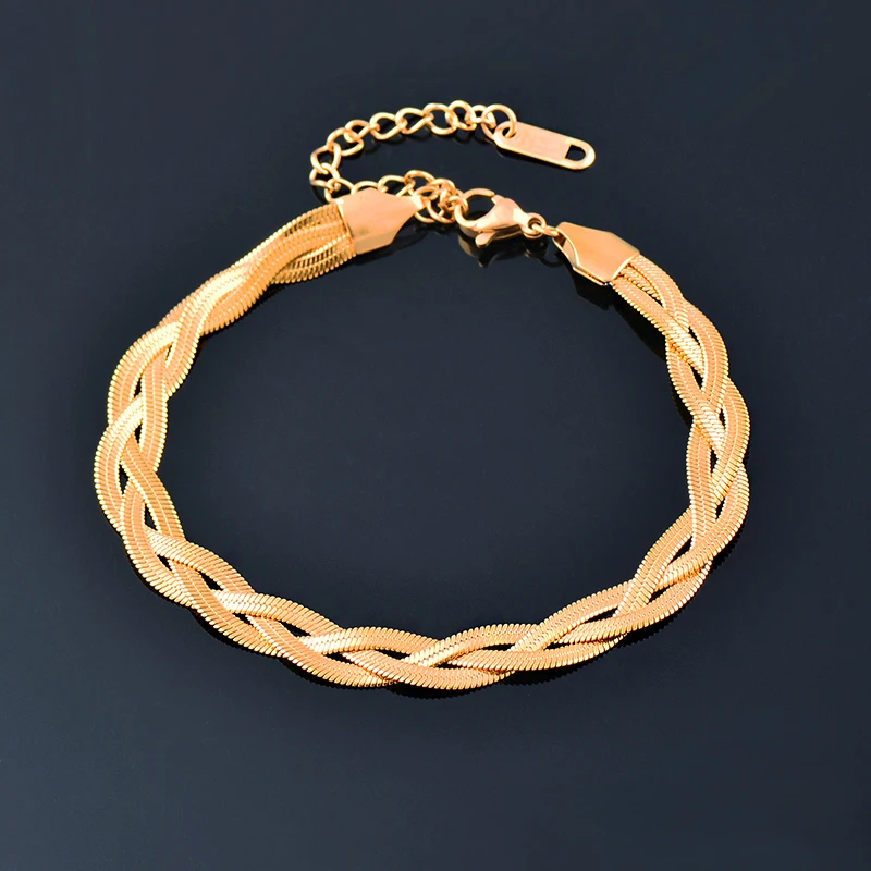 

KIOOZOL Trendy Snake Stainless Steel Bracelets For Women Rose Gold Silver Color Weave Hand Chain Fashion jewelry 2022 211 KO1