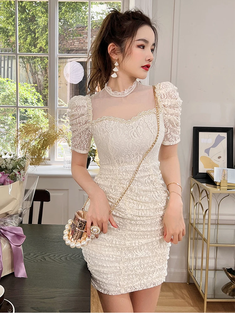 

Summer Women Dress 2022 Sweet Gentle Sheer Lace Hook Flower O-neck Short Puff Sleeve Bodycon Mini Prom Party Dress Girl Vestido