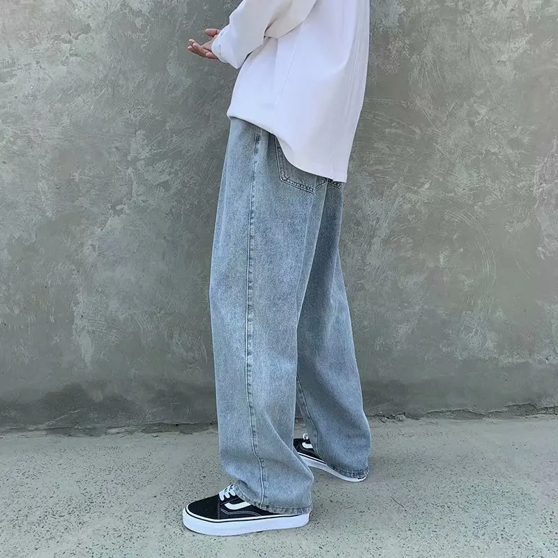 Men Jeans Streetwear Vintage Jeans Summer Solid Mid-Waist Lace-up Denim Straight-Leg Pants Men Loose Wide Leg Jeans Korean Jeans