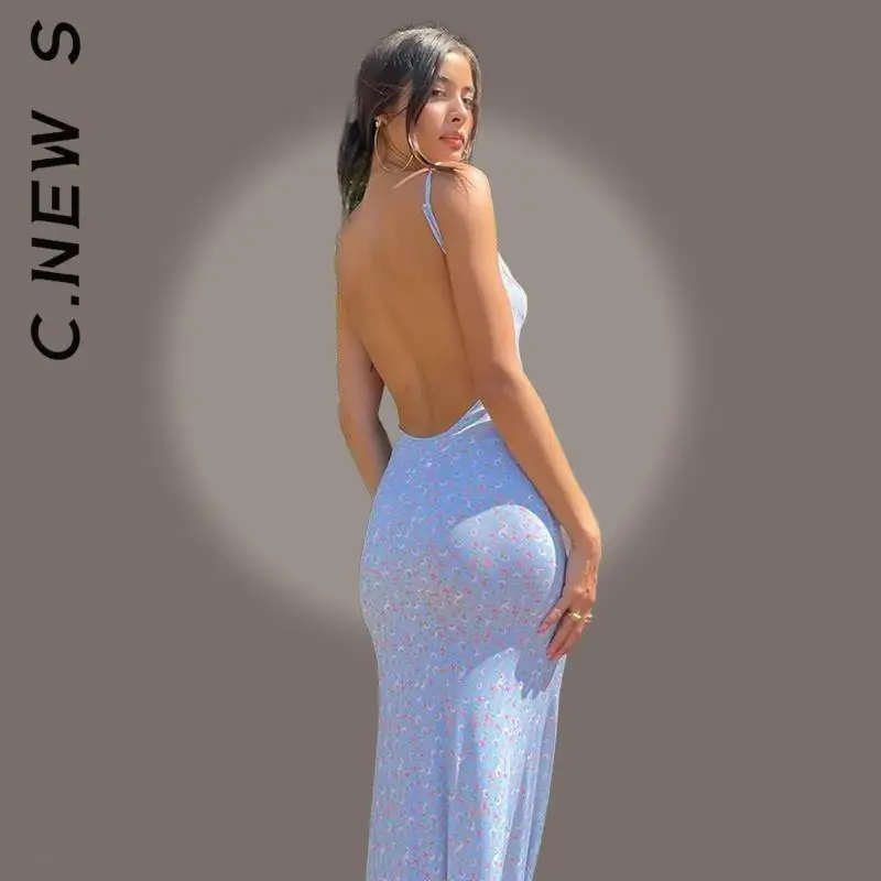 

C.New S Backless Slim Sexy Maxi Dress Flower Print Slip Sleeveless 2022 Women Elegant Streetwear Party Clothing Concise