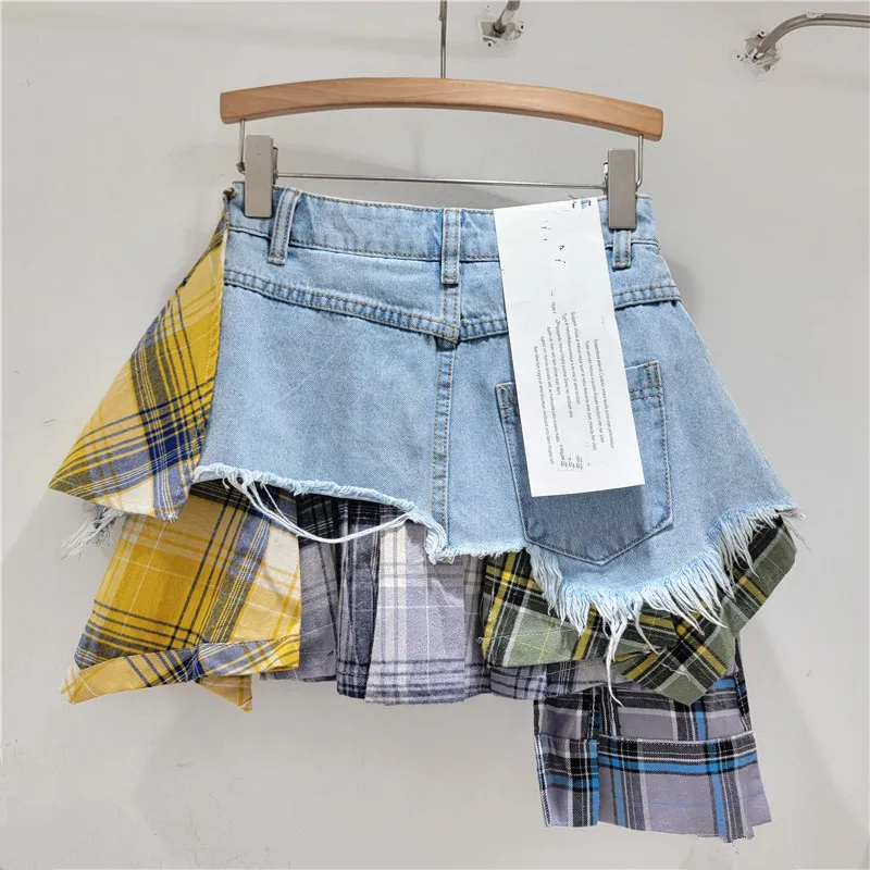 Летняя сине-желтая клетчатая короткая джинсовая юбка для женщин 2024 новая 3D