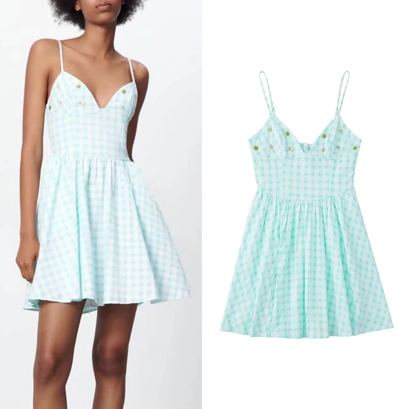 

Summer 2022 Women Plaid Print Mini Dress V Neck Sleeveless Female Sweet Strap Dress Vestidos HH6759