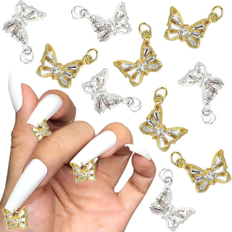 

10pcs 3D Alloy Butterfly Nail Charms Piercing Dangle Butterfly Charms for Nails Shiny Zircon Metal Nail Gems Nail Accessories