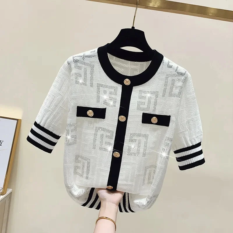 Женский свитер с коротким рукавом Летний Тонкий Трикотажный из вискозы круглым