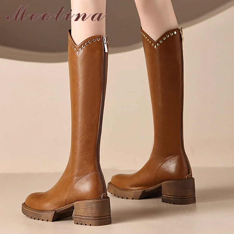 

Meotina Women Genuine Leather Knee High Riding Boots Round Toe Thick High Heel Zipper Ladies Rivet Long Boot Autumn Winter Shoes