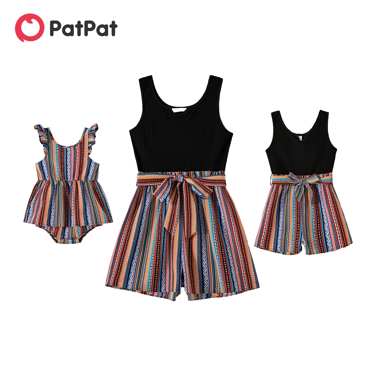 

PatPat Mommy and Me Cotton Solid & Striped Spliced Belted Tank Romper Shorts