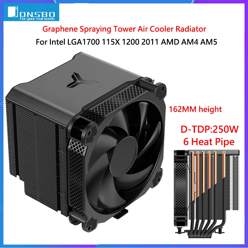 

Кулер для процессора JONSBO HX6250, 6 тепловых труб, Графеновый распылитель, башенный воздушный кулер, радиатор для Intel LGA1700 115X 1200 2011 AMD AM4 AM5