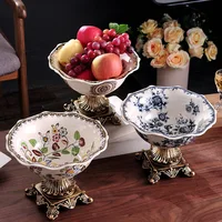 European American  Style Blue and White Creative Ceramic Fruit Plate Coffee Table Home Decoration Creative High Leg Fruit Dish