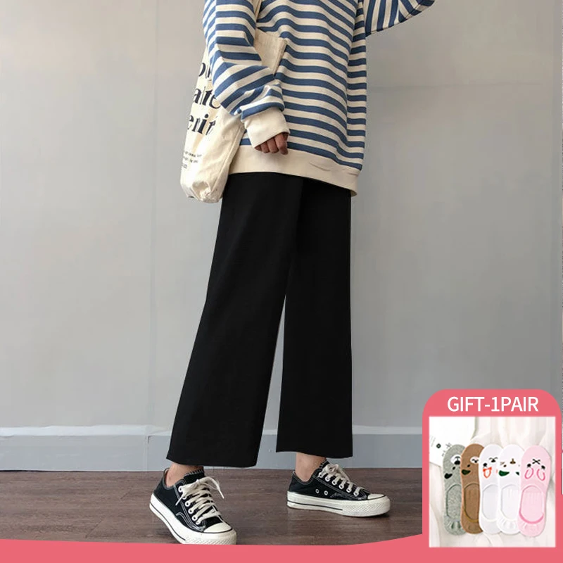 

Wide Leg Pants Spring Summer Autumn Women Cotton Solid High Waist Trousers Loose Oversize Ninth Pant Casual Elegant Womens 2022