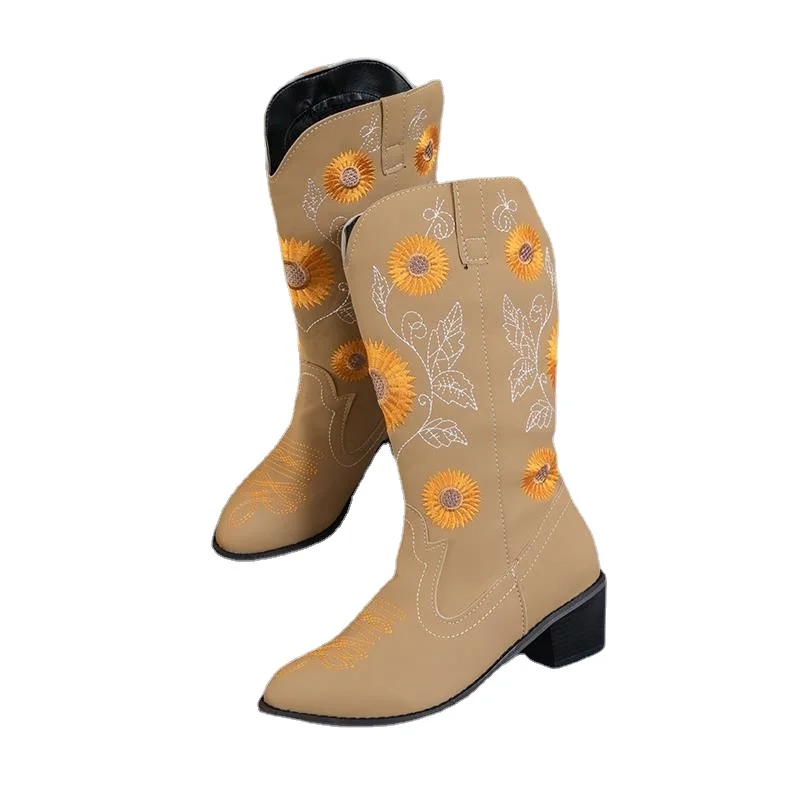 

2023 New Womens Embroidered Sweet Sunflower Cowboy Cowgirl Boots Retro Western Chunky Heels Mid Calf Boots for Birthday Gift