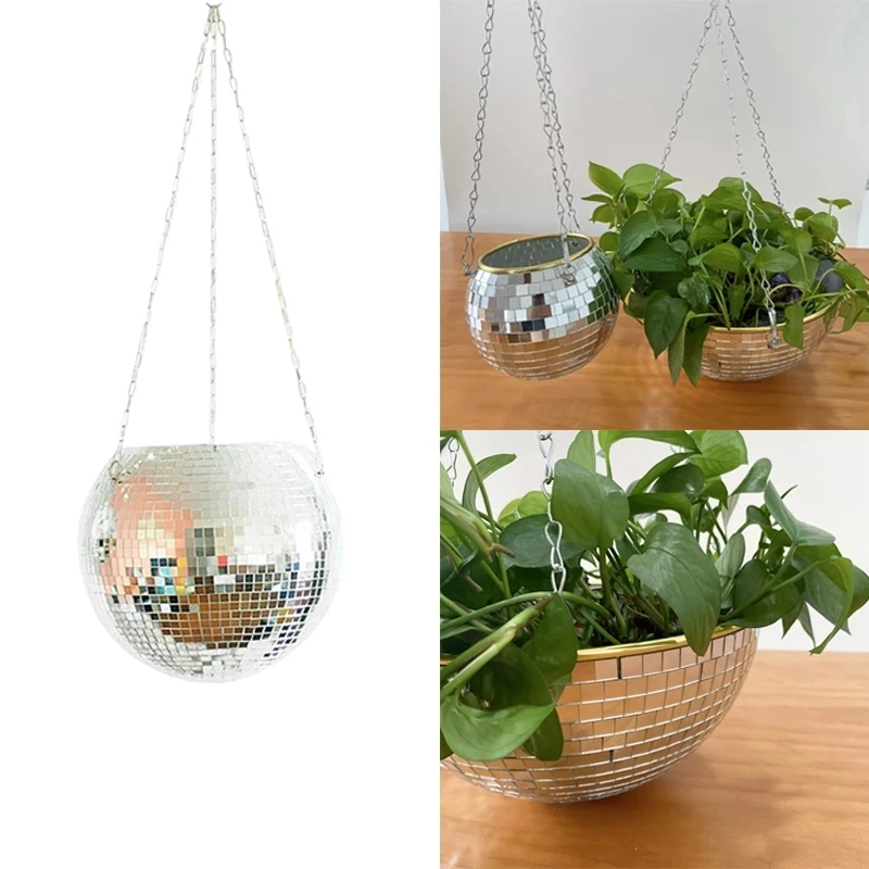 Disco Ball Hanging Flower Pot For Indoor Plants Bohemian Style Flower Planter Pots Rope Mirror Hanging Basket  Garden Decor Vase