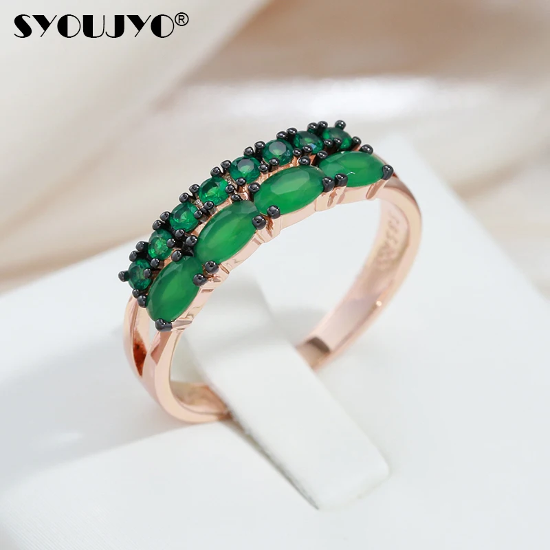 SYOUJYO Green Opal 585 Rose Gold Color Rings For Women Vintage Black Plating Luxury Fine Jewelry Dark Natural Zircon Daily Rings