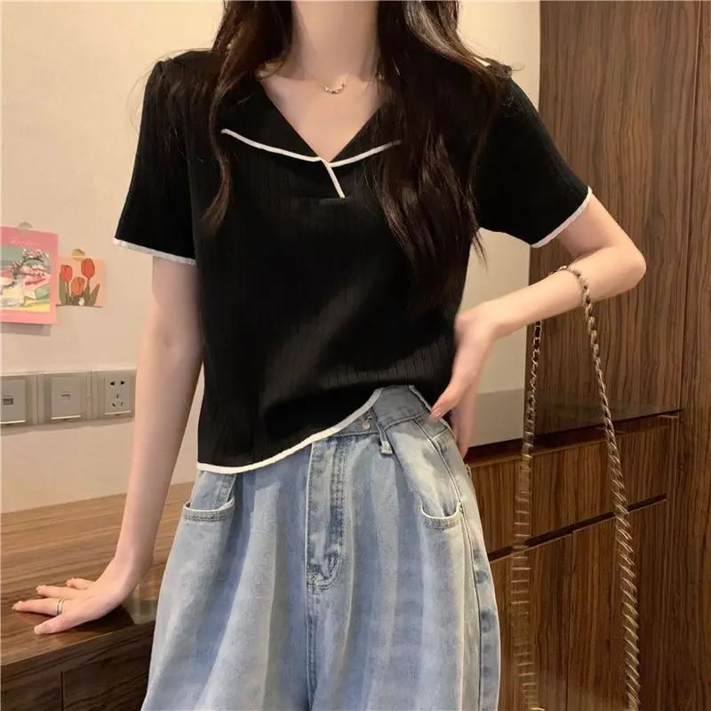 

Polo collar short-knit T-shirt womens new summer small fragrance design show thin pit stripes with short-sleeved shirt white