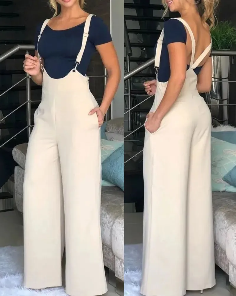 

Spring Casual Suspender Jumpsuit Women Fashion Solid Color High Waist Suspender Wide Leg Jumpsuit Women