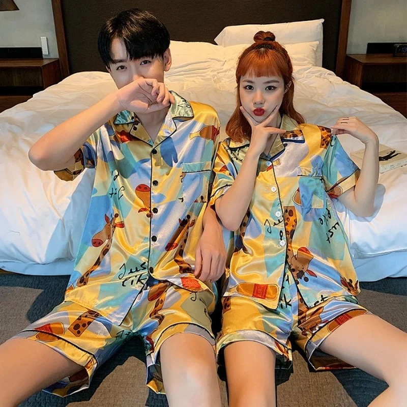 QWEEK Pajama Couple Man and Woman Satin Silk Sleepwear Kawaii Cartoon Pijamas Summer Night Home Suit Pyjamas Suits with Shorts