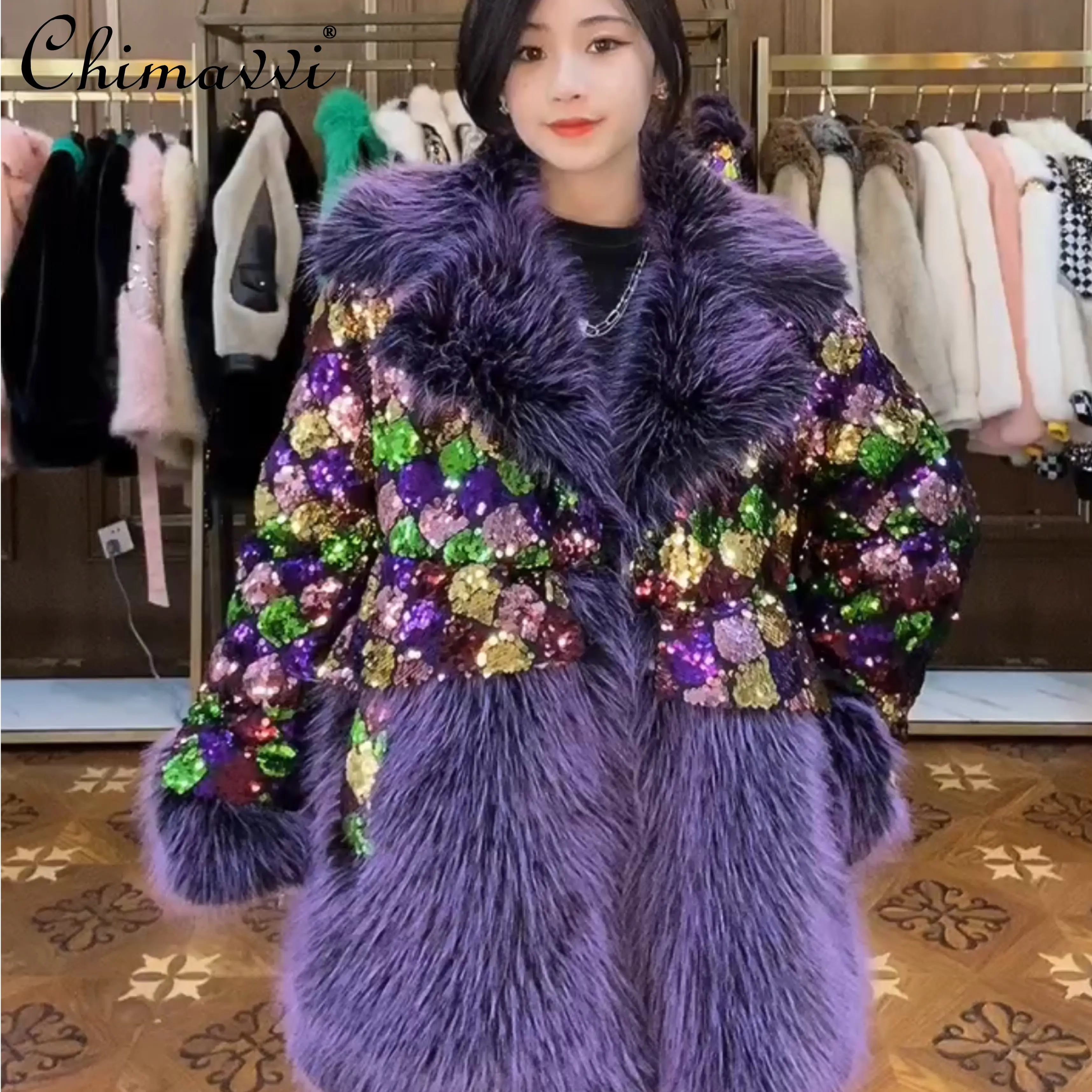 European Fur Long Sleeve Women's Toka Double Face Wool Leather Coat Fashion Warm Sequins Casual Jackets 2023 Winter New Fur Coat