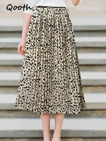 qooth 2022 summer womens leopard printed a line chiffon mid length skirt elegant high waist skirt qt1756