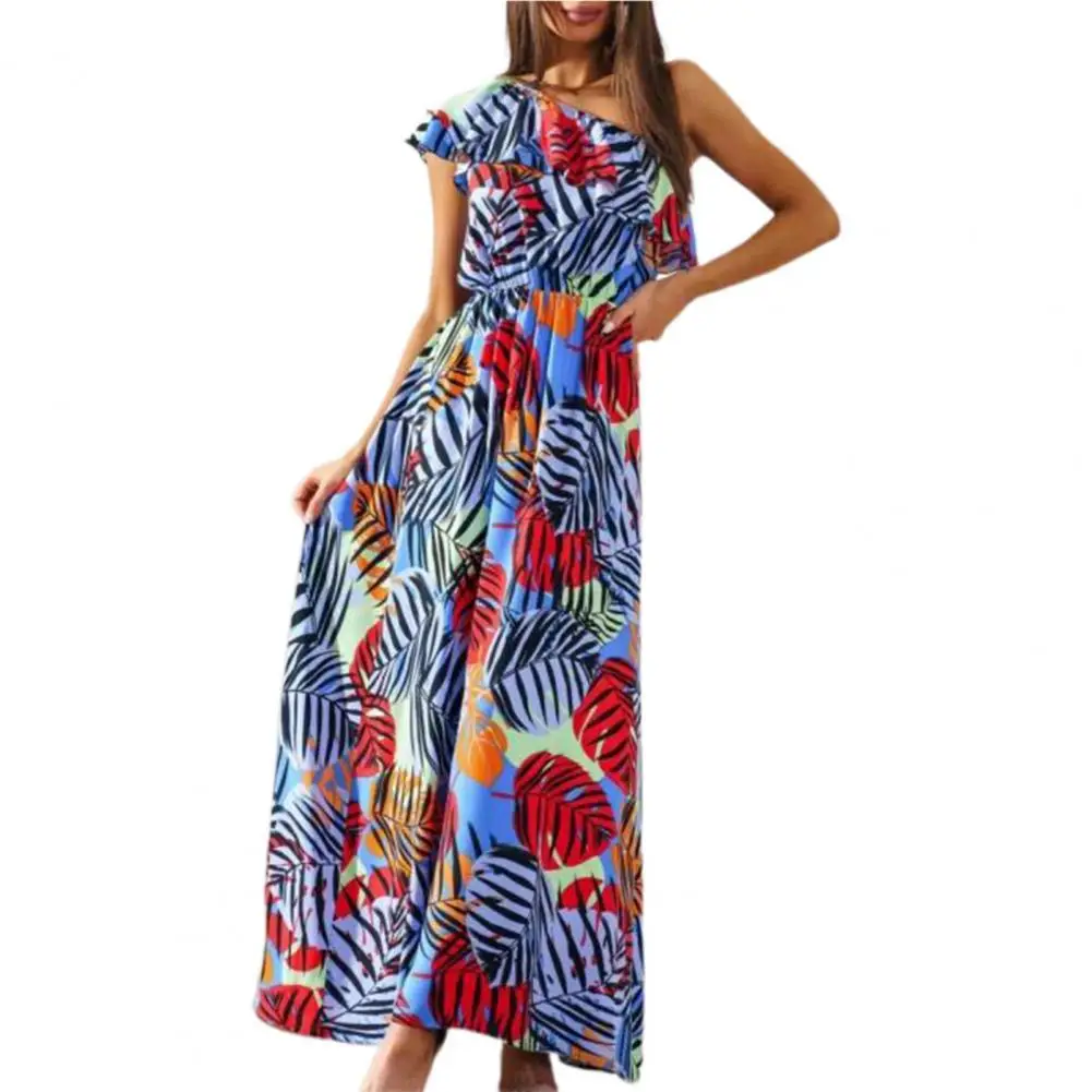 

Women's One Shoulder Ruffle Hawaiian Beach Dress Solid Color Loose High Stretchy Young Lady Summer Party Long Casual Sundress