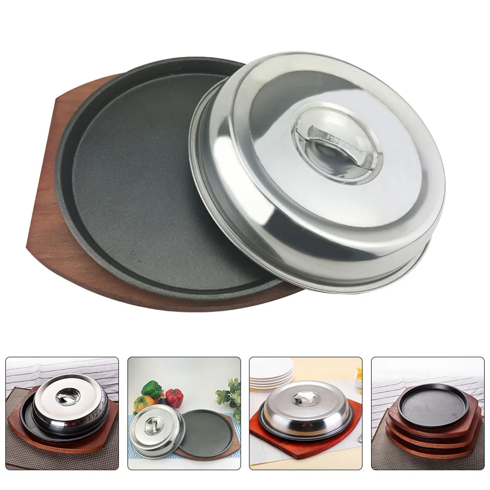 

Plate Steak Pan Grill Sizzling Fajita Skillet Iron Bbqset Server Griddle Cast Teppanyaki Board Stovetop Platter Serving Cover