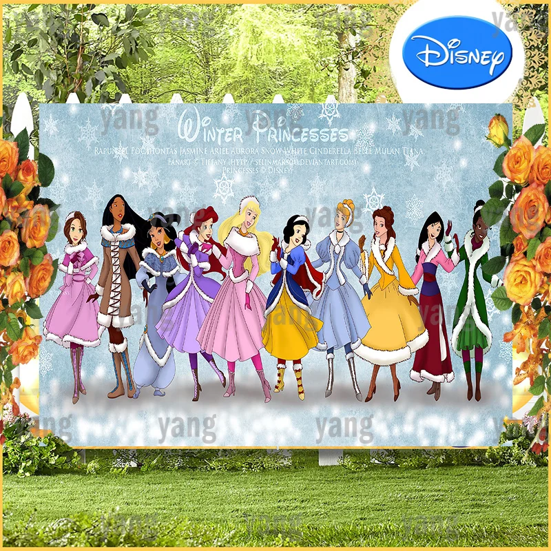 Disney Princess Snow White Cinderella Tiana Aurora Jasmine Mulan Photo Backdrop Birthday Party Custom Backgrounds Decoration