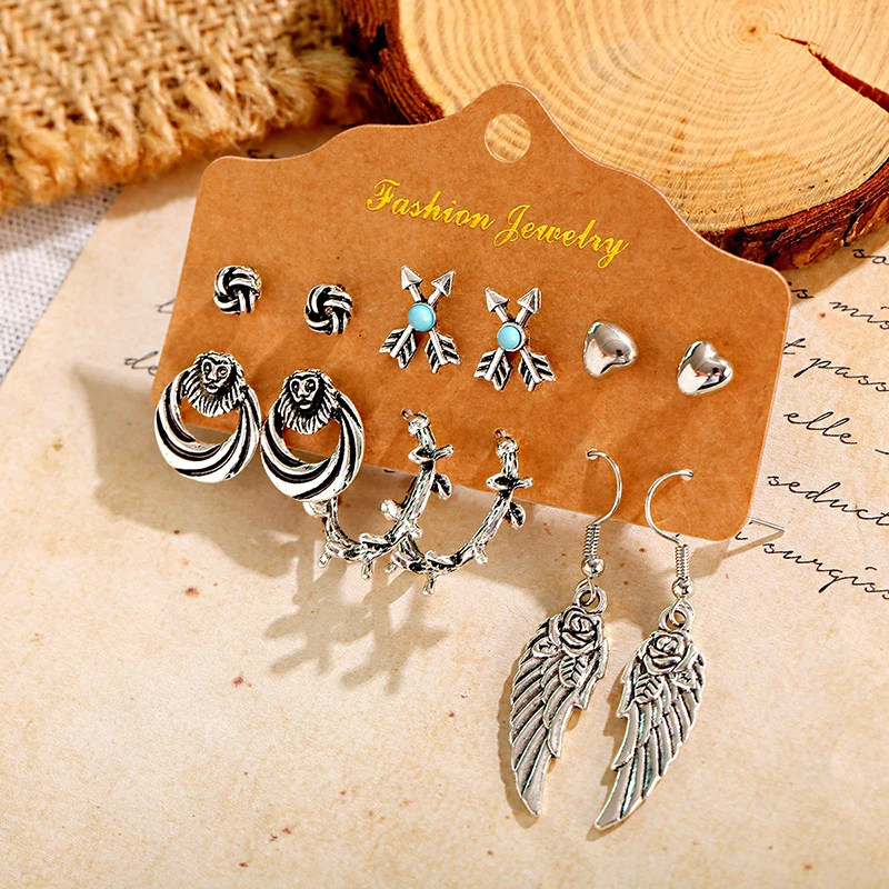 

Ethnic Silver Color Feather Earrings Set Vintage Lion Flower Alloy Dangling Earrings Women 3pcs/lot Indian African Jewelry Sets