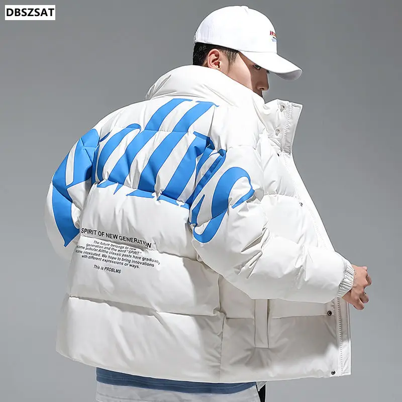 Мужская зимняя куртка на утином пуху с воротником-стойкой и надписью