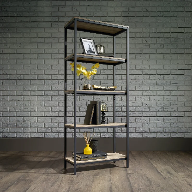 

Tall Metal Frame Bookcase, Charter Oak Finish library furniture mobília de biblioteca