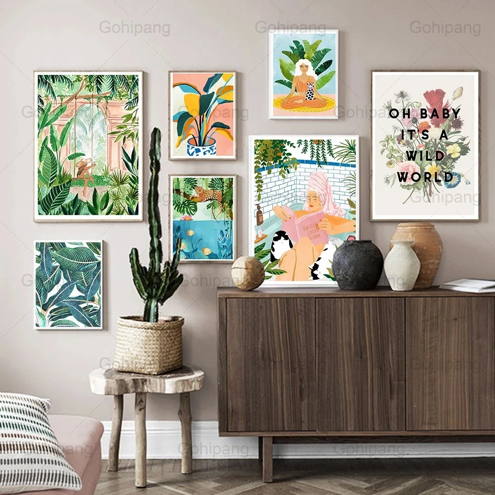 

Bathroom Decor Tropical Plants Indoor Jungle Poster Painting Green Plant Pots Canvas Painting Home Wall Art Picture for Bathroom