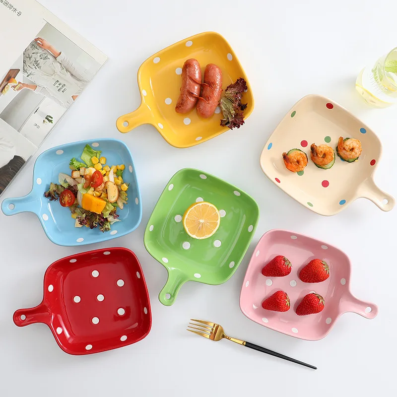 

Home Restaurant Hotel Plates Creative Dots Ceramic Baking Dish with Handle Plate Microwave Oven Baked Rice Plate