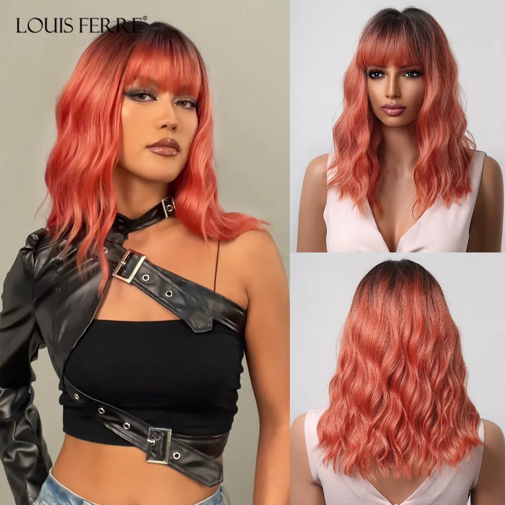 LOUIS FERRE Medium Length Orange Pink Wavy Wigs With Bangs Ombre Peach Curly Synthetic Wig Cosplay Party Heat Resistant Hair Wig