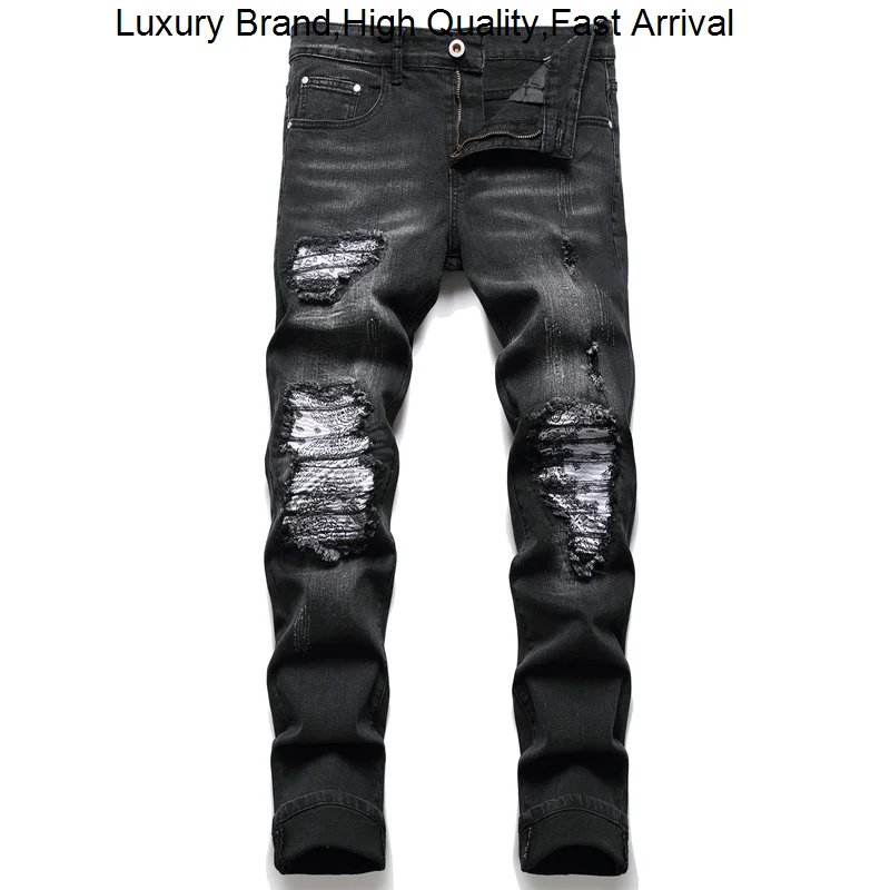 

Clothing Men's Vintage Black Holes Ripped Motorcycle Casual Pleated Torn Stretch Denim Slim Pants Trousers Biker Jeans Free Ship