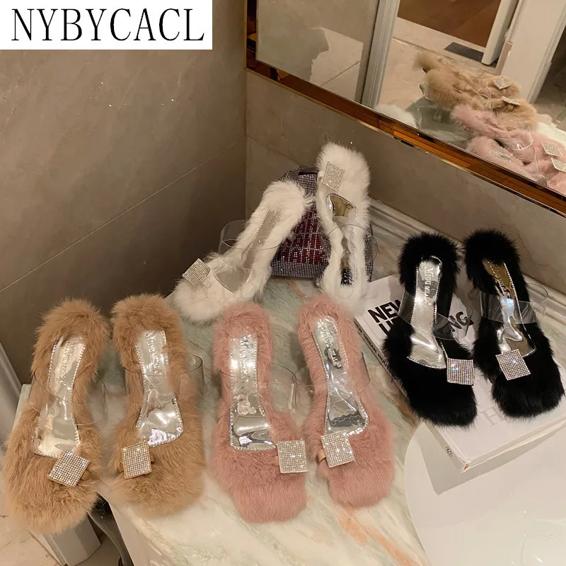 2022 Summer Design Women Slippers Ladies Sexy Flip Flop Furry Fur High-Heeled Slides Party Rhinestone Woman Pumps Shoes