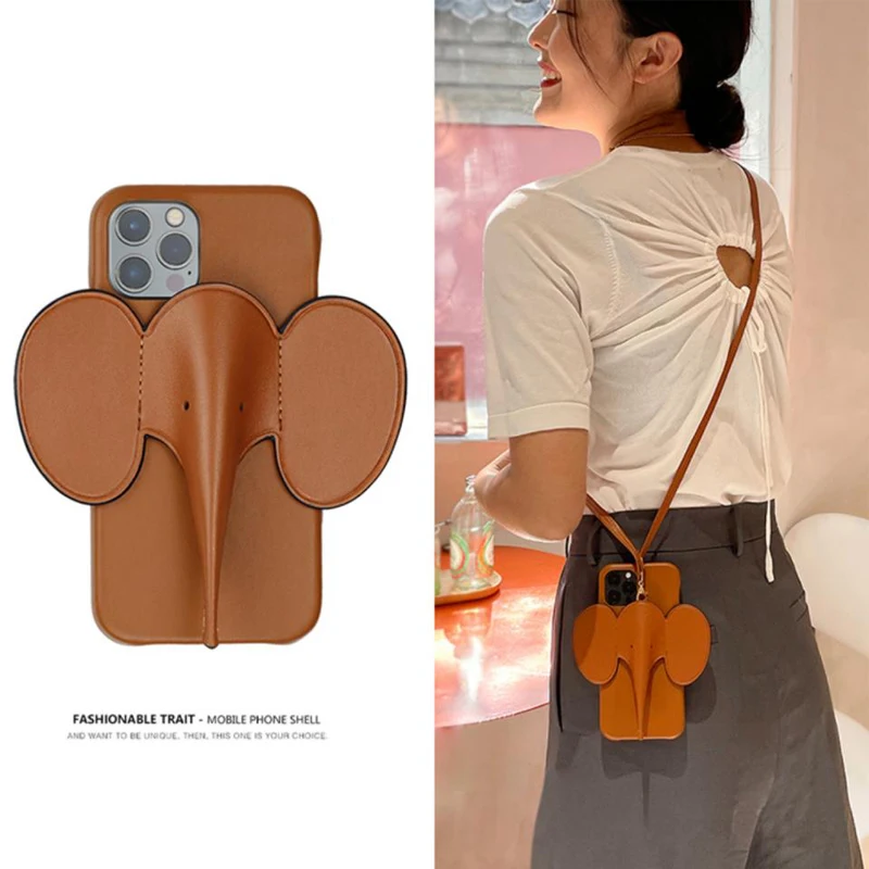 

For iPhone14 ProMax Case Cute Creative Solid Elephant Phone Cases Grey Pink iPhone13 12 11 12mini Strap Soft PU Material Cover