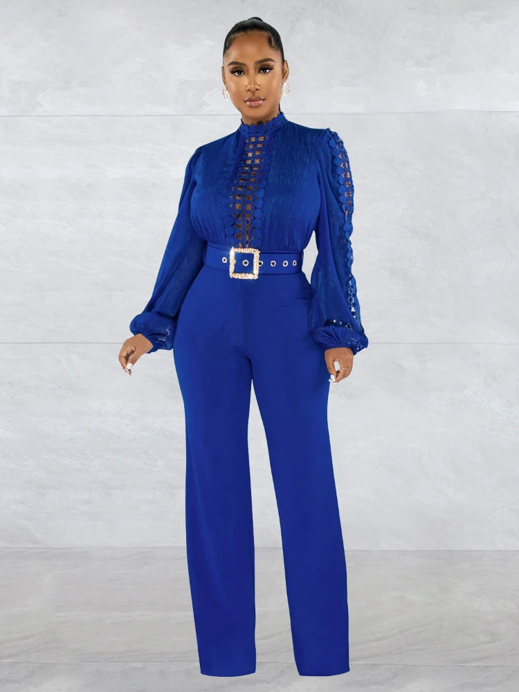 

Women Patchwork with Sashes Wide Leg Office Jumpsuit O-neck Hollow-out See-through Long-Sleeved Top Fashion Loose Jumpsuit