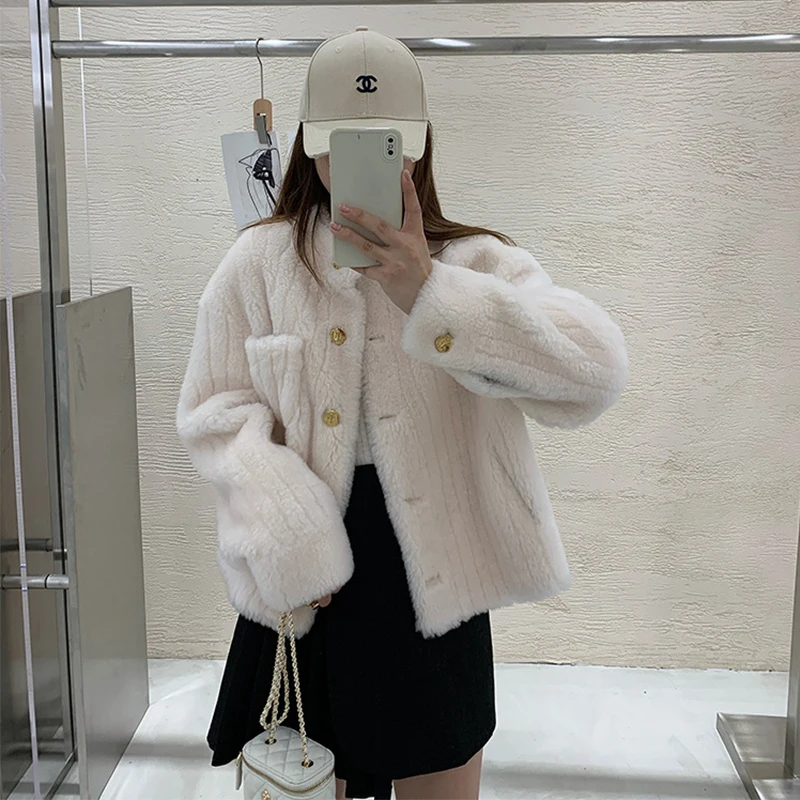 2023 New Autumn Winter Sheep Shearling Fur Coat For Women Real Fur Jacket 100% Wool Overcoat Korean Fashion Female Slim