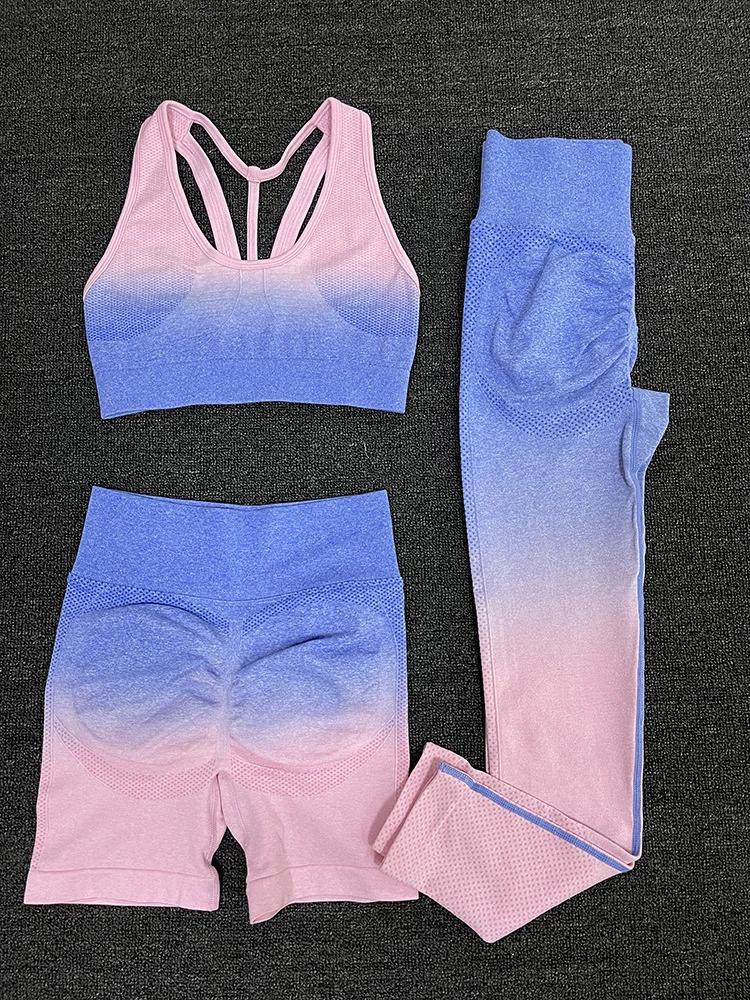 

ASHEYWR Women Gradient Two Piece Sets Seamless Shockproof Push Up Bras Set Fitness High Waist Leggings Workout Suit Female