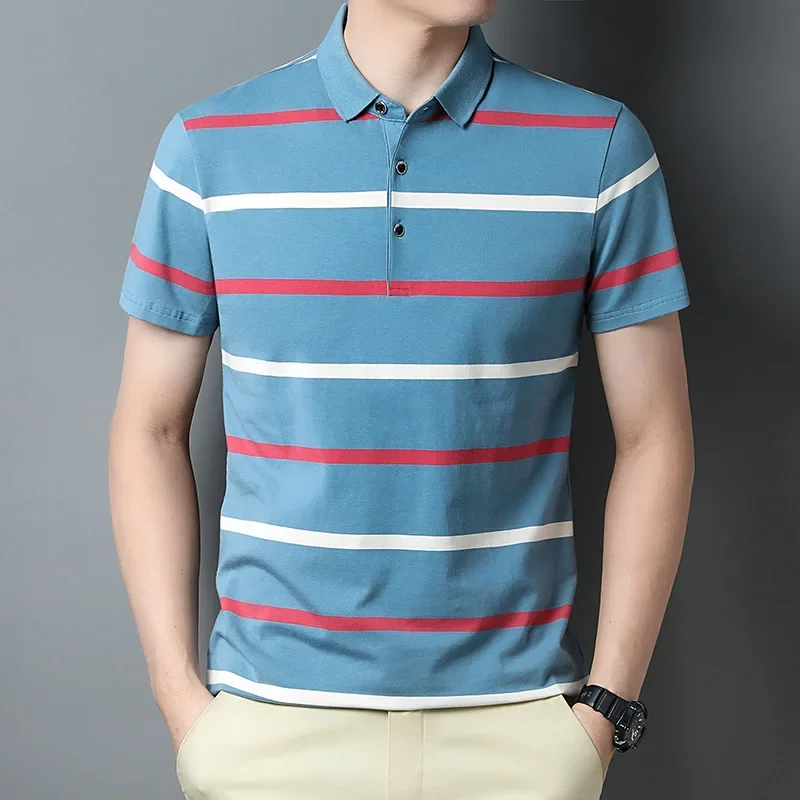 Летняя деловая тонкая хлопковая Футболка с лацканами в полоску простой