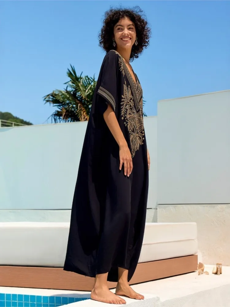 2025 Print Maxi Dress Batwing Sleeve Tunic Spring Summer Beach Casual Plus Size Women Beachwear Kaftan Cover-ups