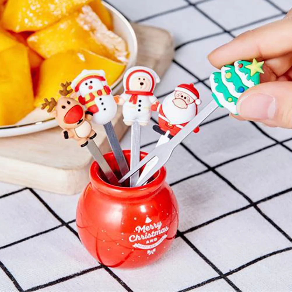

Cute Christmas Tree Dessert Fruit Forks with Holder Cake Dessert Lunch Pick Lightweight Safe Salad Food Dinnerware Accessories
