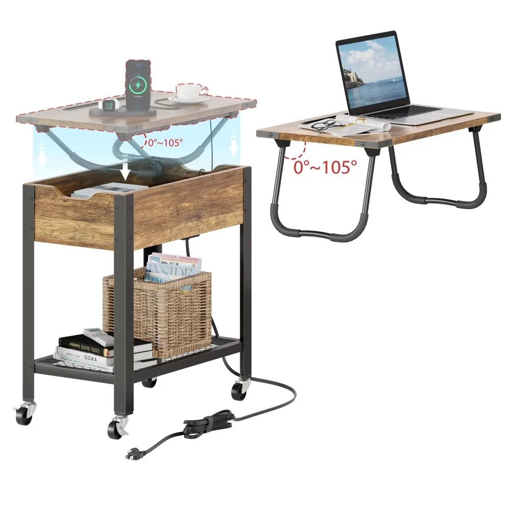 

Bestier End Table with Removable Laptop Desk, Charging Stations & Wheels, Weathered Rustic Oak