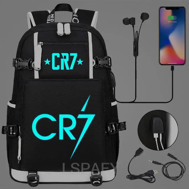 Новинка, рюкзак CR7 с USB-зарядкой, светящаяся емкость, женский черный большой повседневный рюкзак для ноутбука, школьный рюкзак