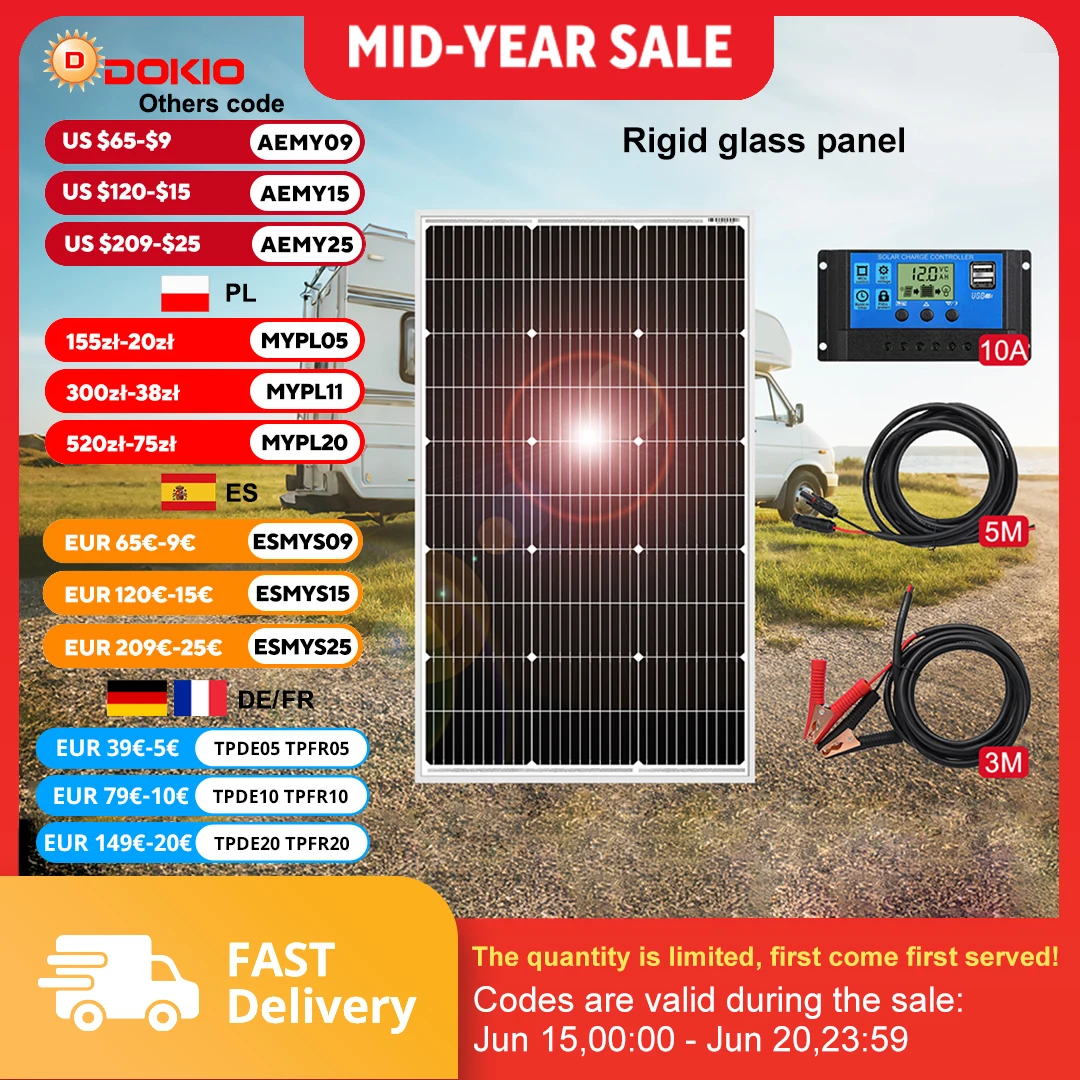 DOKIO 18V 100W Solar Panels/100W Monocrystalline Kit 100 Watt Photovoltaic Waterproof Cell Panel For RV/Home/12V Battery