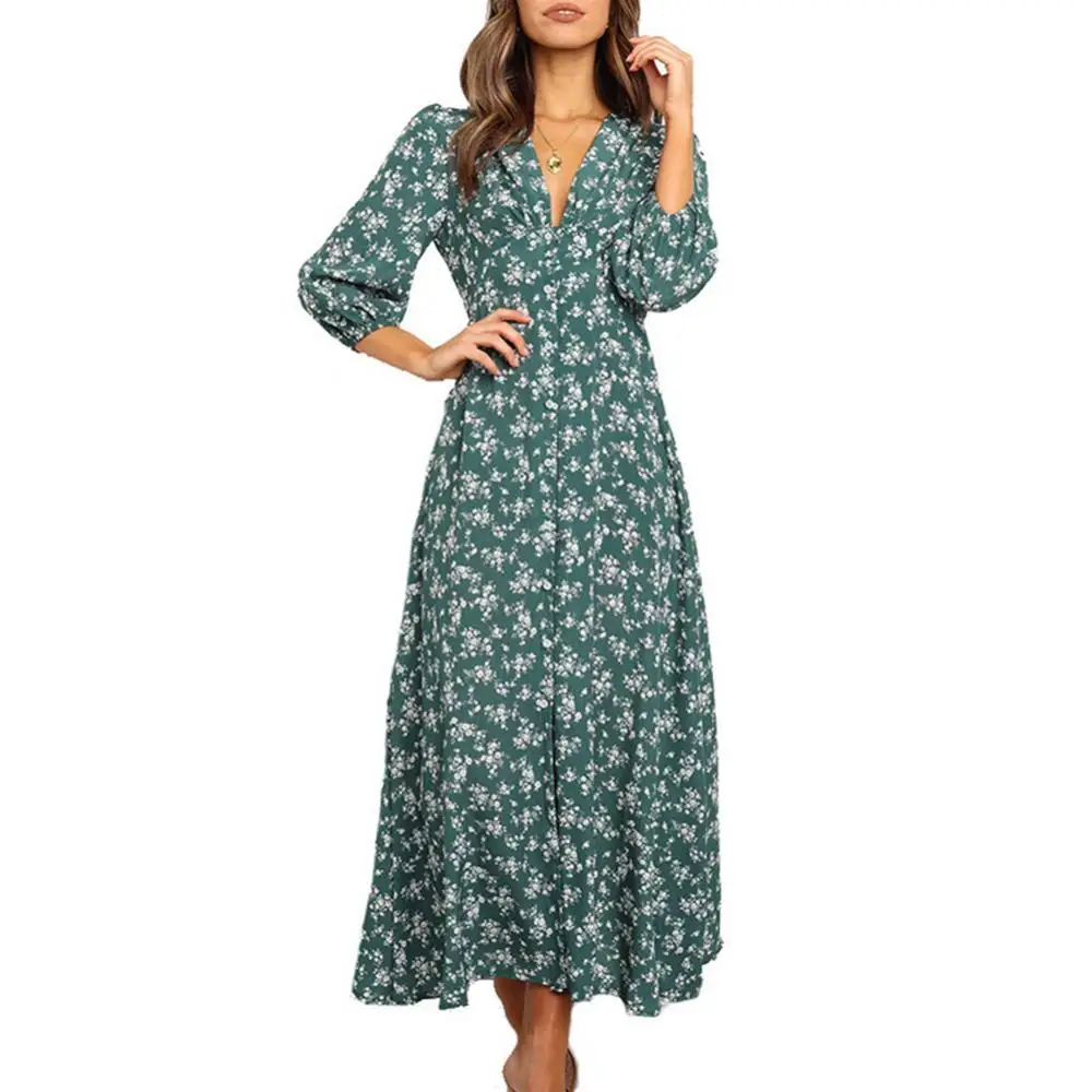 

Women Stylish Printing Long Sleeves High Waist Chiffon V Neck Elegant Maxi Dress