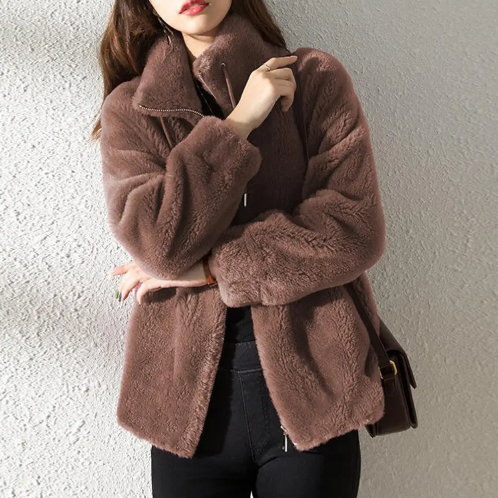 

Chic Zip Up Fuzzy Winter Coat Women Winter Coat Pockets Drawstring